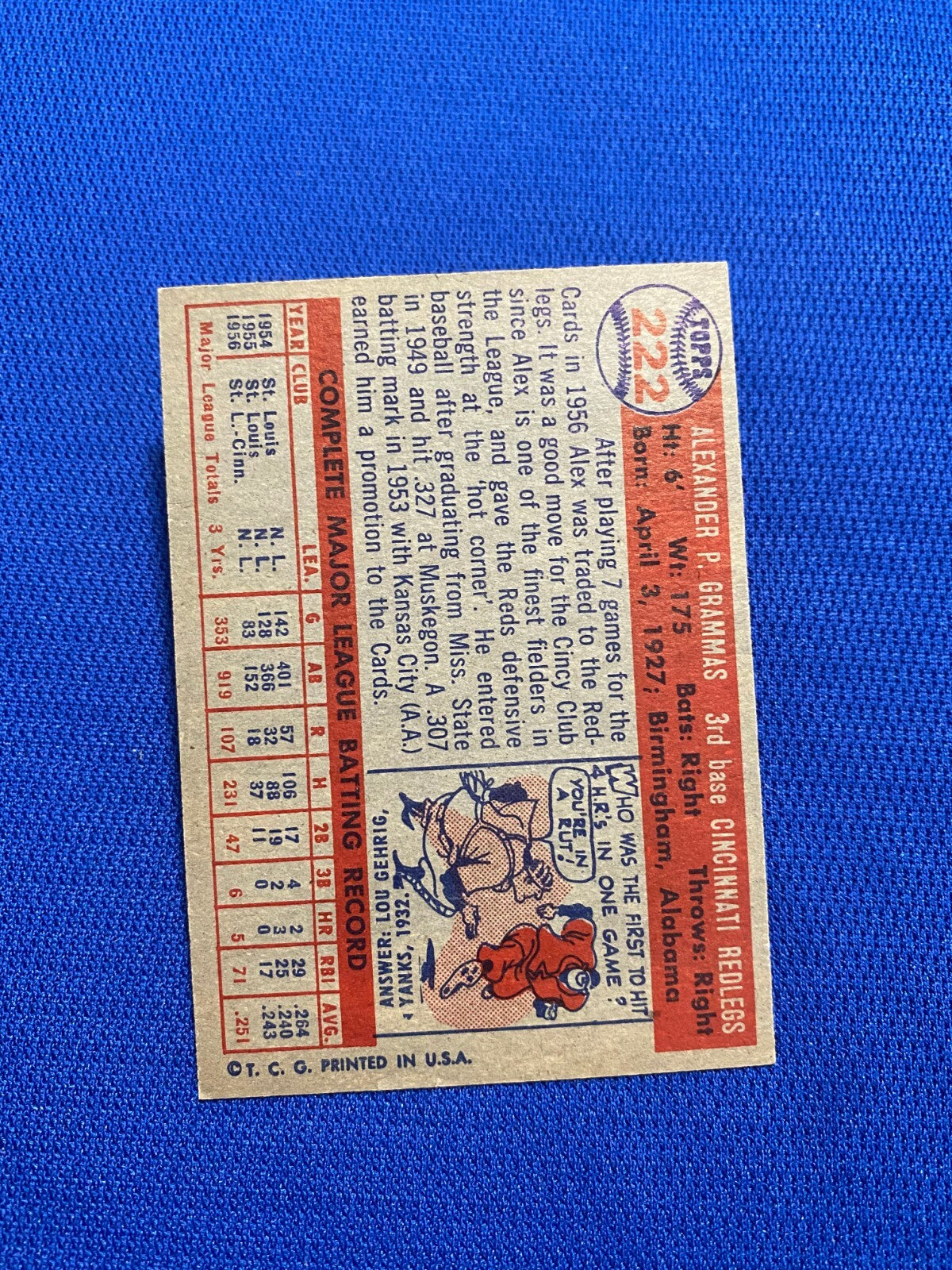 1957 TOPPS ALEX GRAMMAS CINCINNATI REDS #222 CARD VINTAGE SET-BREAK