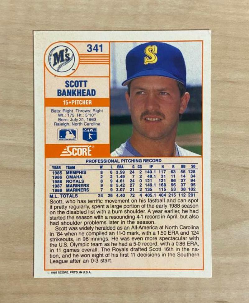 SCOTT BANKHEAD SEATTLE MARINERS SIGNED AUTOGRAPHED 1989 SCORE CARD #341 W/COA