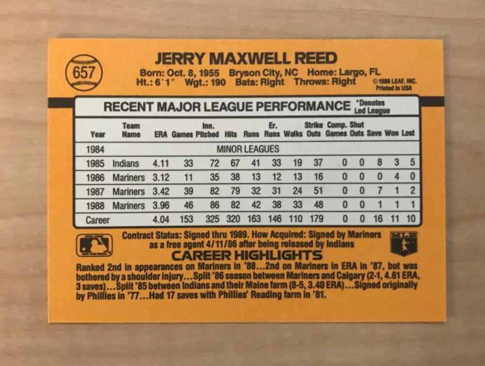 JERRY REED SEATTLE MARINERS SIGNED AUTOGRAPHED 1989 DONRUSS CARD #657 W/COA