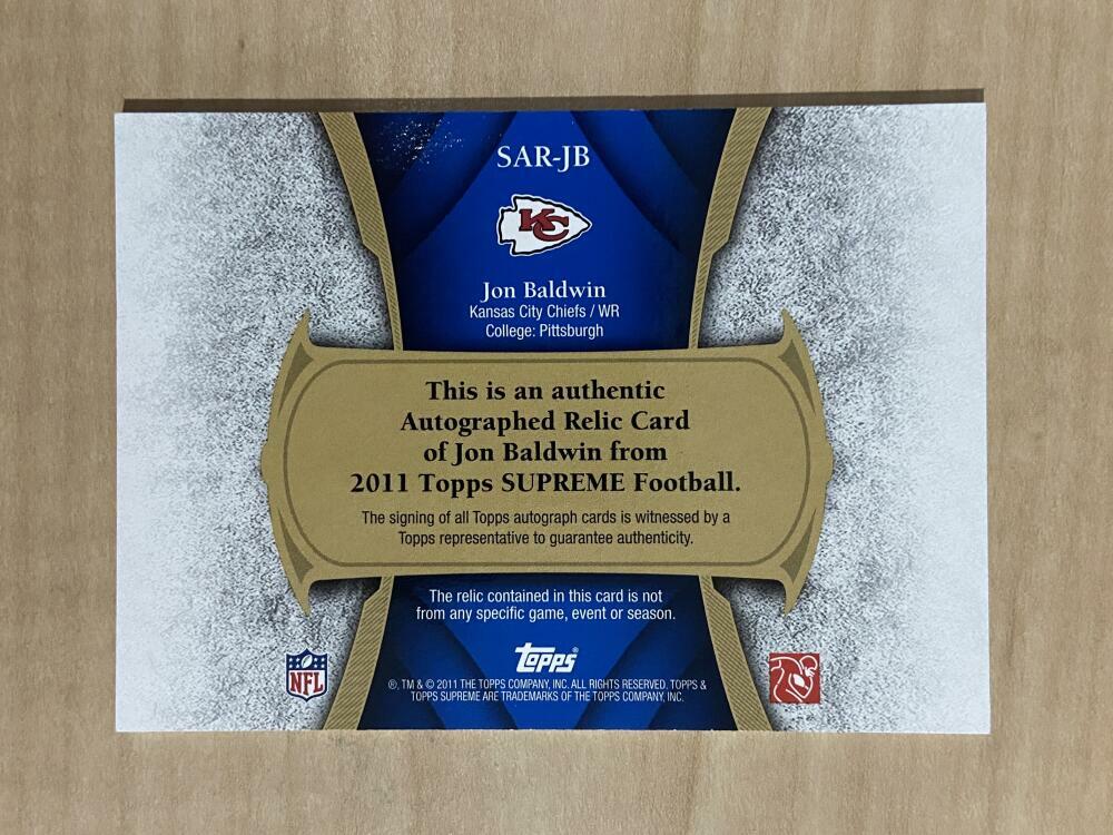 JOHN BALDWIN KANSAS CITY CHIEFS SIGNED 2011 TOPPS PATCH 41/50 CARD #SAR-JB W/COA