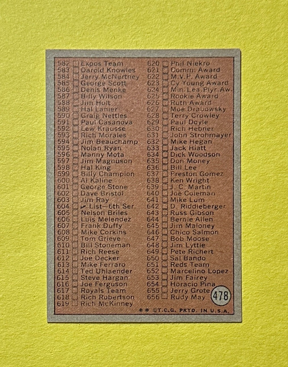 1972 TOPPS CHECKLIST 5TH SERIES #478