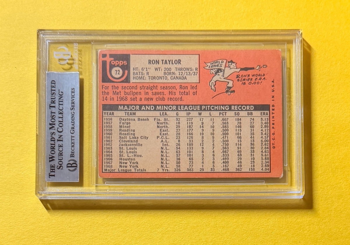 1969 TOPPS RON TAYLOR #72 SIGNED AUTO CARD BECKETT AUTHENTIC METS