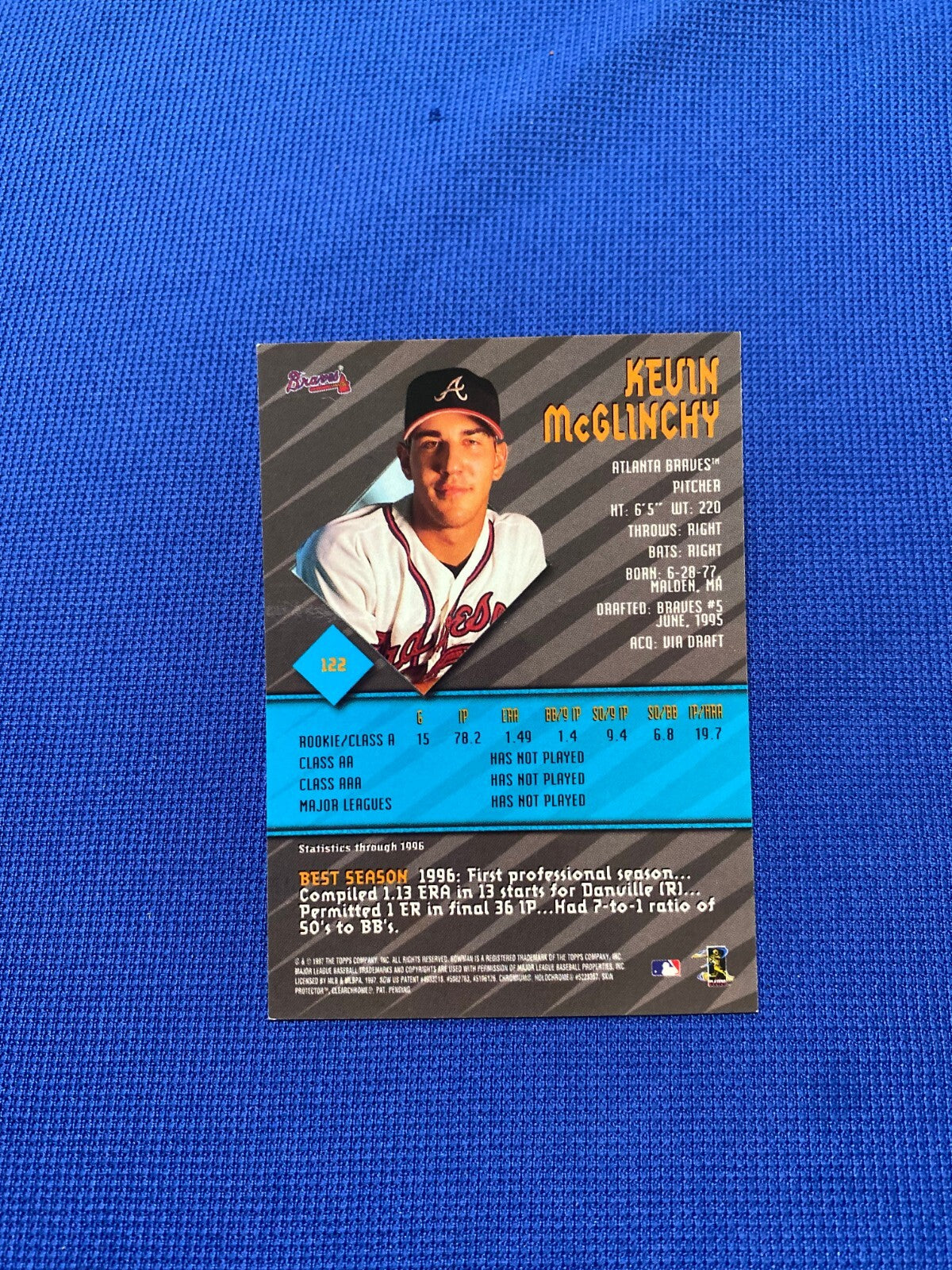 1997 BOWMAN BEST KEVIN MCGLINCHY ATLANTA BRAVES SIGNED AUTOGRAPHED CARD #122 COA