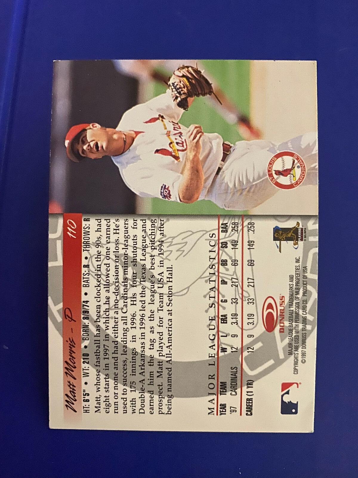 1997 DONRUSS MATT MORRIS ST. LOUIS CARDINALS SIGNED AUTOGRAPHED CARD #110 W/COA