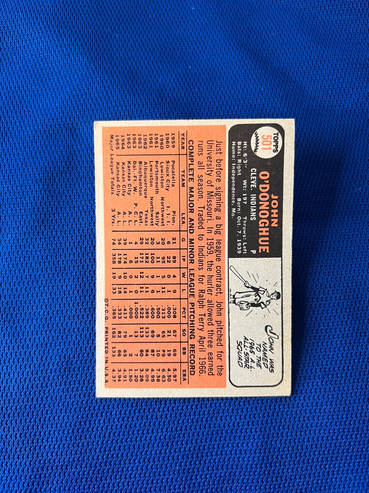VINTAGE 1966 TOPPS JOHN O'DONOGHUE CLEVELAND INDIANS CARD #501