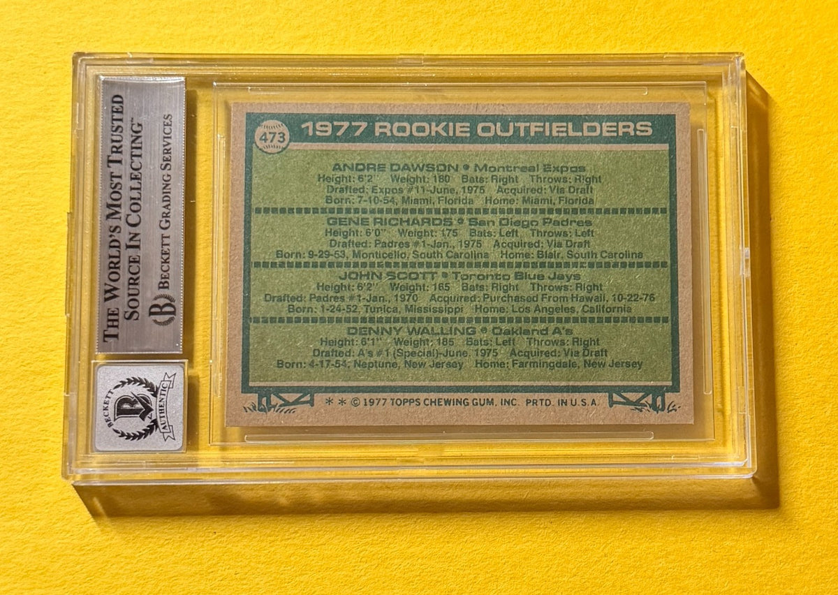 1977 TOPPS ANDRE DAWSON ROOKIE #473 SIGNED AUTO CARD BECKETT 10 AUTH "77 NL ROY"