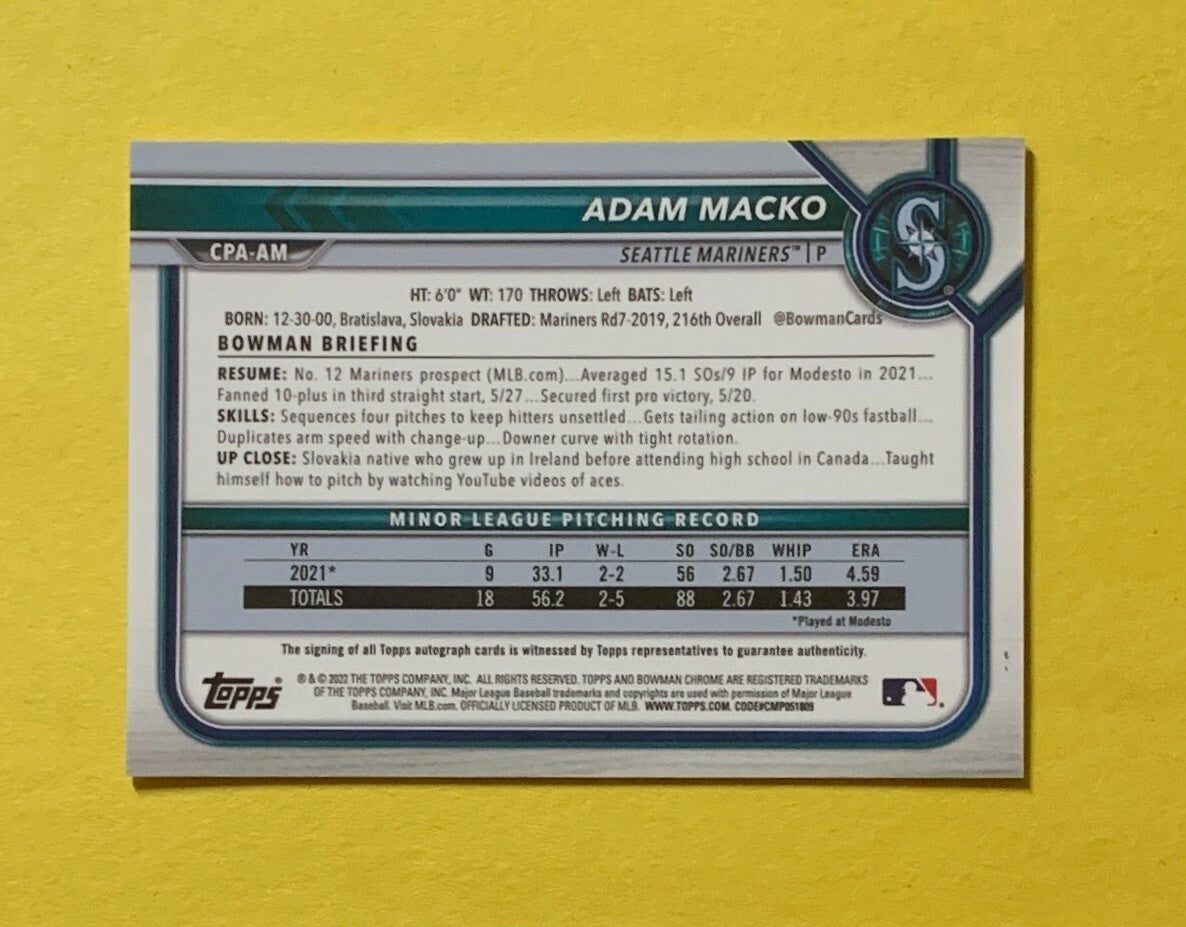 2022 BOWMAN CHROME ADAM MACKO AUTO #CPA-AM MARINERS