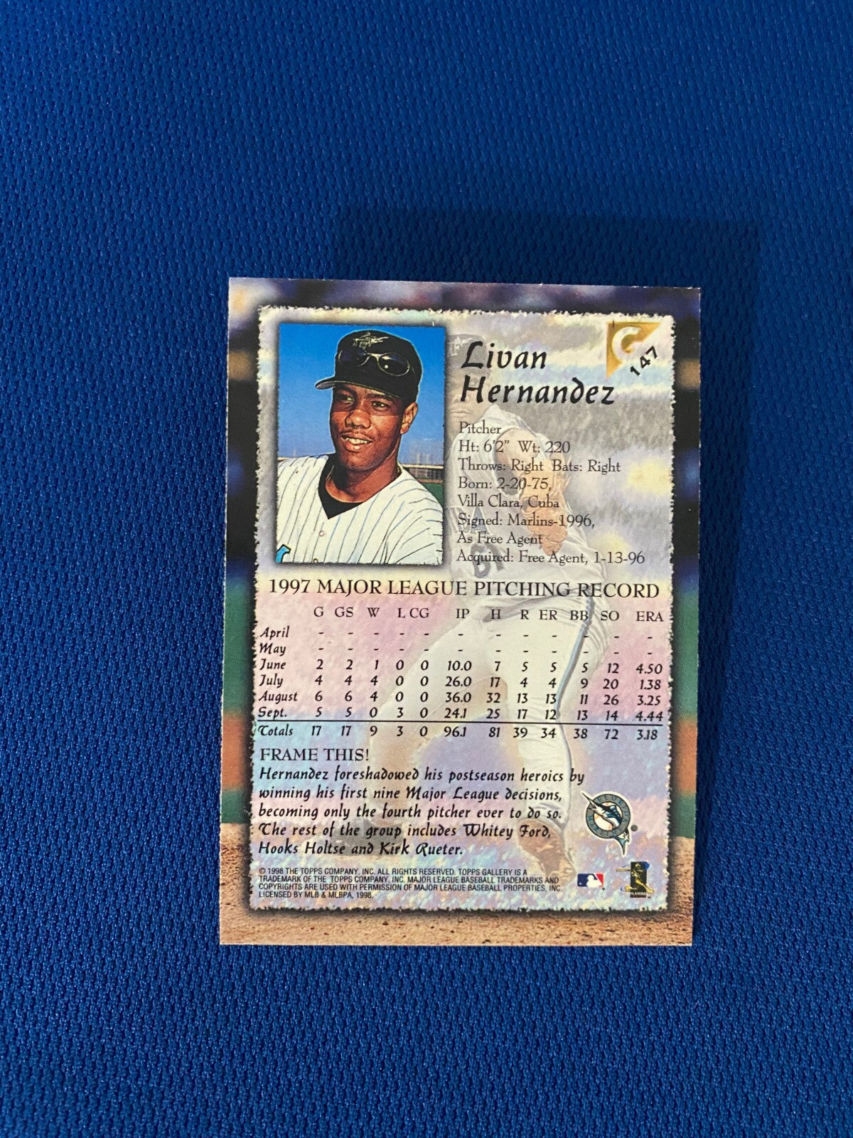 1998 TOPPS GALLERY LIVAN HERNANDEZ FL MARLINS AUTOGRAPH SIGNED CARD #147 W/COA