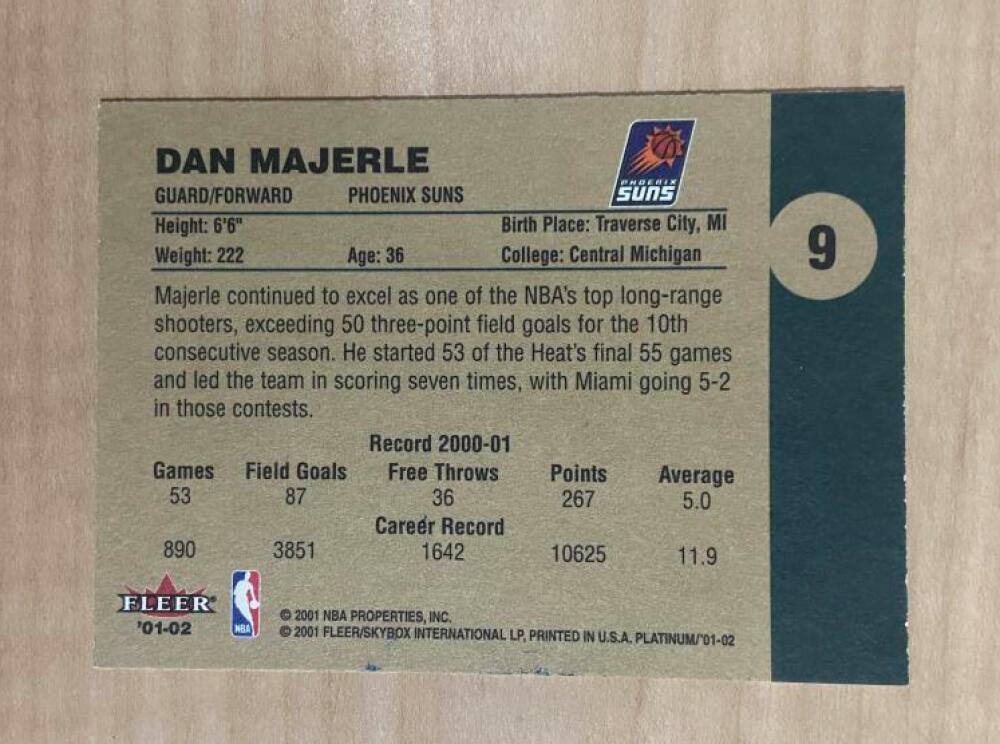 DAN MAJERLE PHOENIX SUNS SIGNED AUTOGRAPHED 01-02 FLEER PLATINUM CARD #9 W/COA