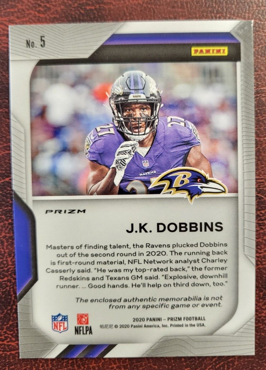 2020 PANINI PRIZM J.K. DOBBINS RAVENS ROOKIE RC JERSEY RELIC CARD #5