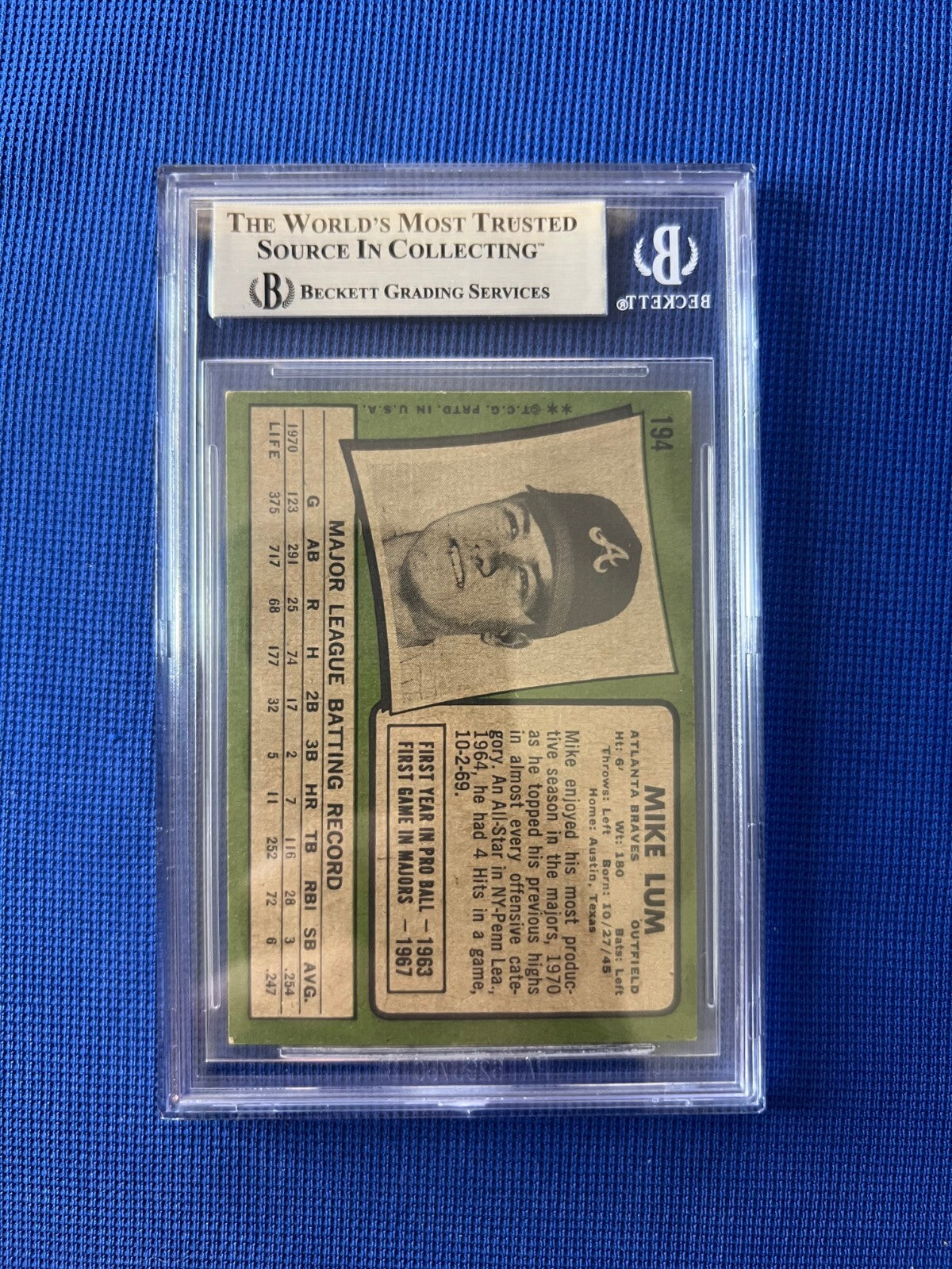 1971 TOPPS MIKE LUM ATLANTA BRAVES SIGNED AUTOGRAPHED CARD #194 BECKETT