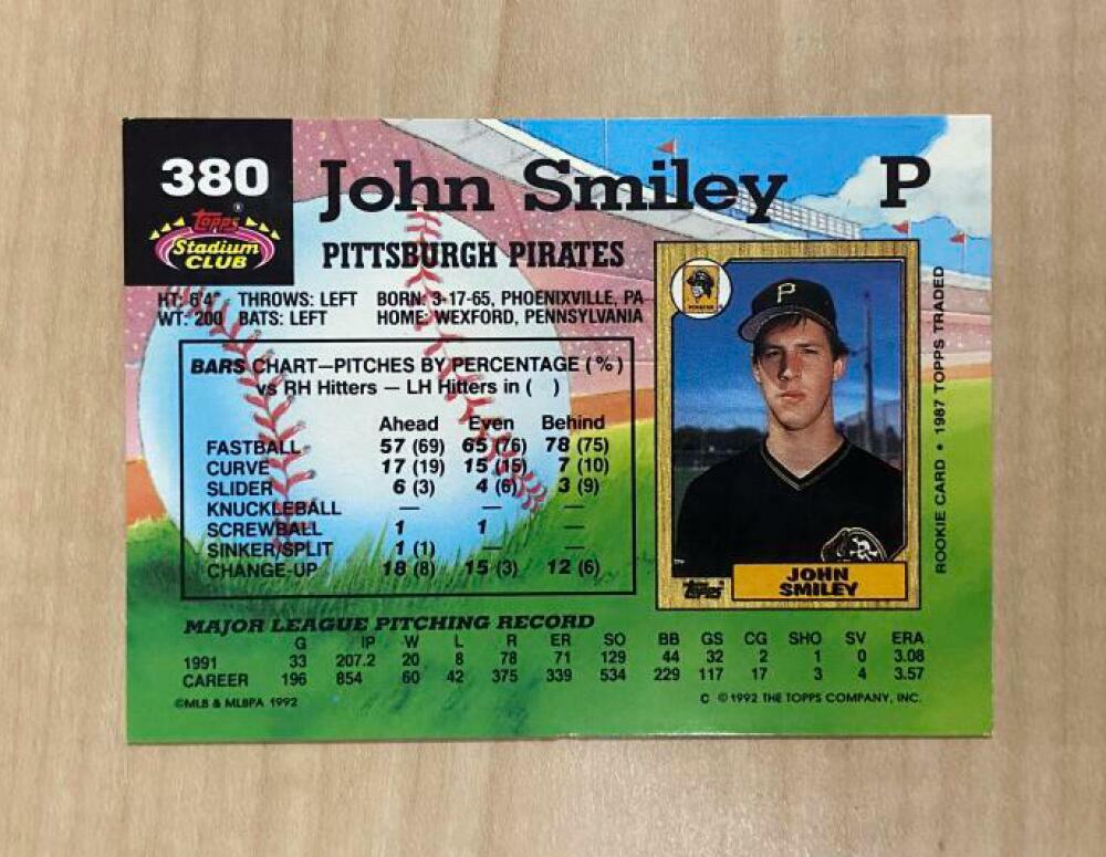 JOHN SMILEY PITTSBURGH PIRATES SIGNED 1992 TOPPS STADIUM CLUB CARD #380 W/COA