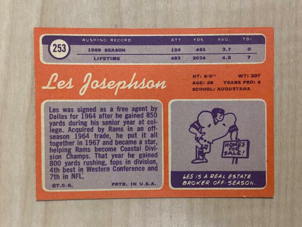 LES JOSEPHSON LOS ANGELES RAMS SIGNED AUTOGRAPHED 1970 TOPPS CARD #253 W/COA