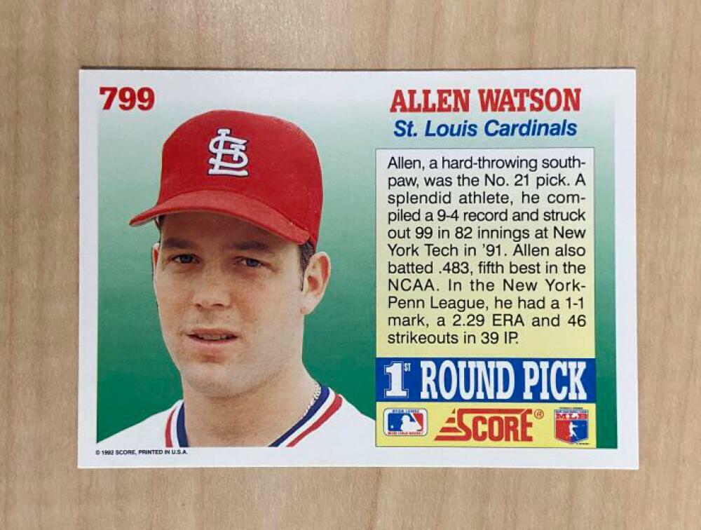ALLEN WATSON ST LOUIS CARDINALS SIGNED AUTOGRAPHED 1992 SCORE CARD #799 W/COA