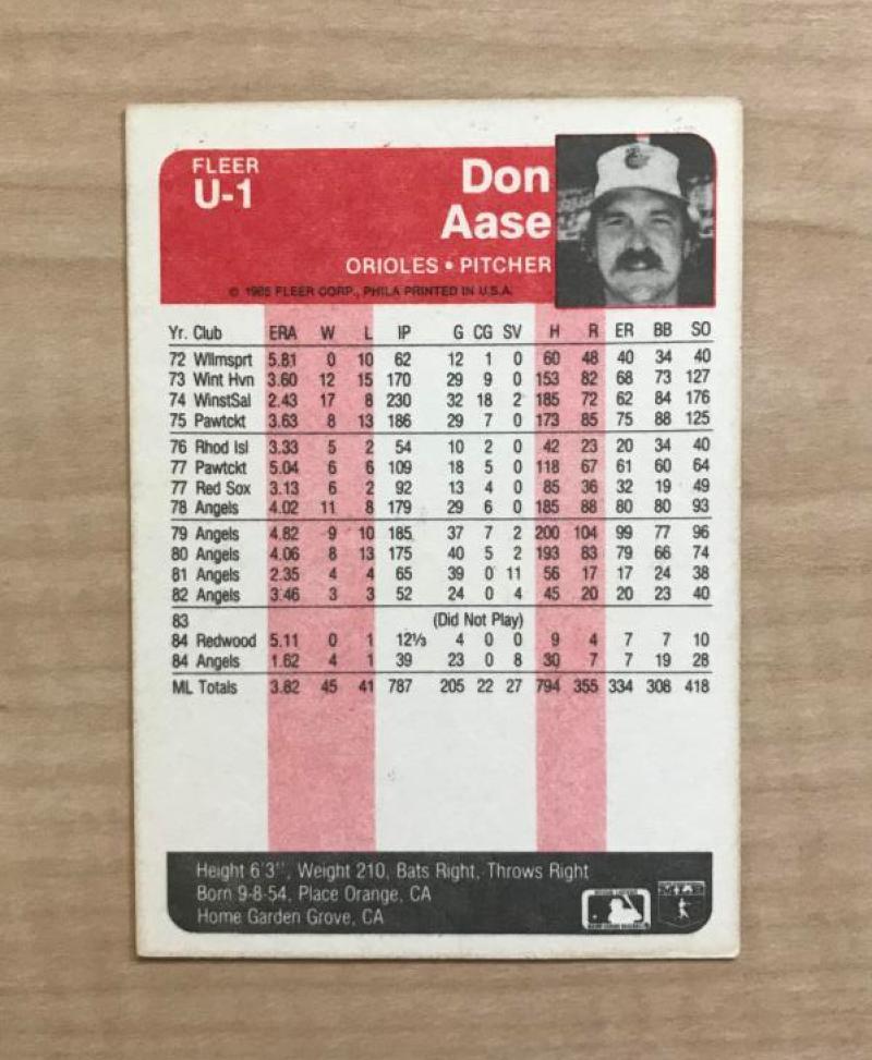 DON AASE BALTIMORE ORIOLES SIGNED AUTOGRAPHED 1985 FLEER UPDATE CARD #1 W/COA 