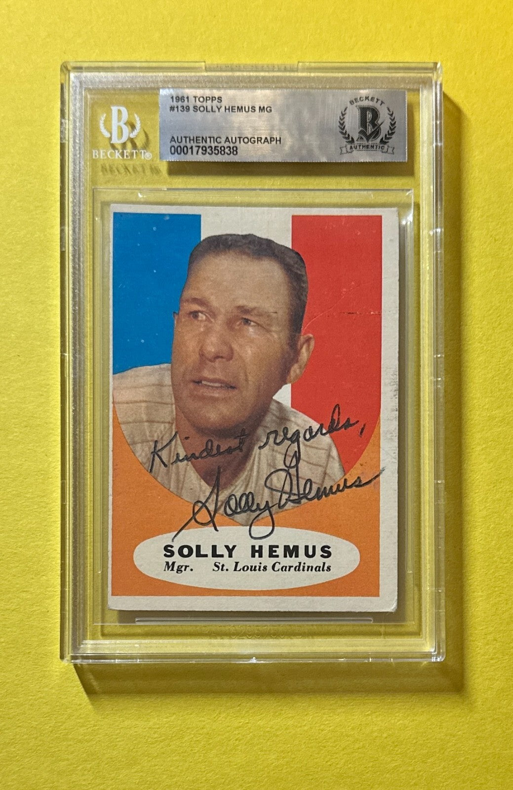 1961 TOPPS SOLLY HEMUS #139 BECKETT AUTHENTIC SIGNED AUTOGRAPHED CARD CARDINALS
