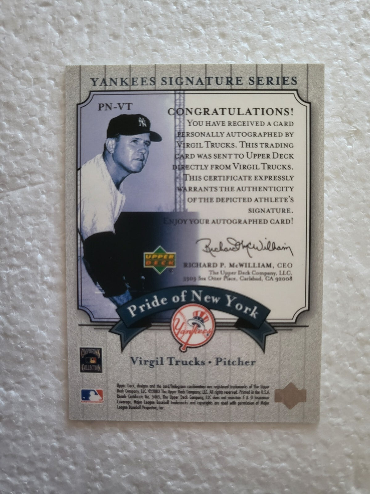2003 UPPER DECK YANKEES SIGNATURE SERIES PRIDE OF NEW YORK VIRGIL TRUCKS CARD *