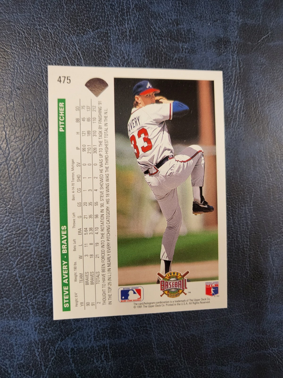 1992 UPPER DECK STEVE AVERY ATLANTA BRAVES SIGNED AUTOGRAPH CARD #475 W/COA