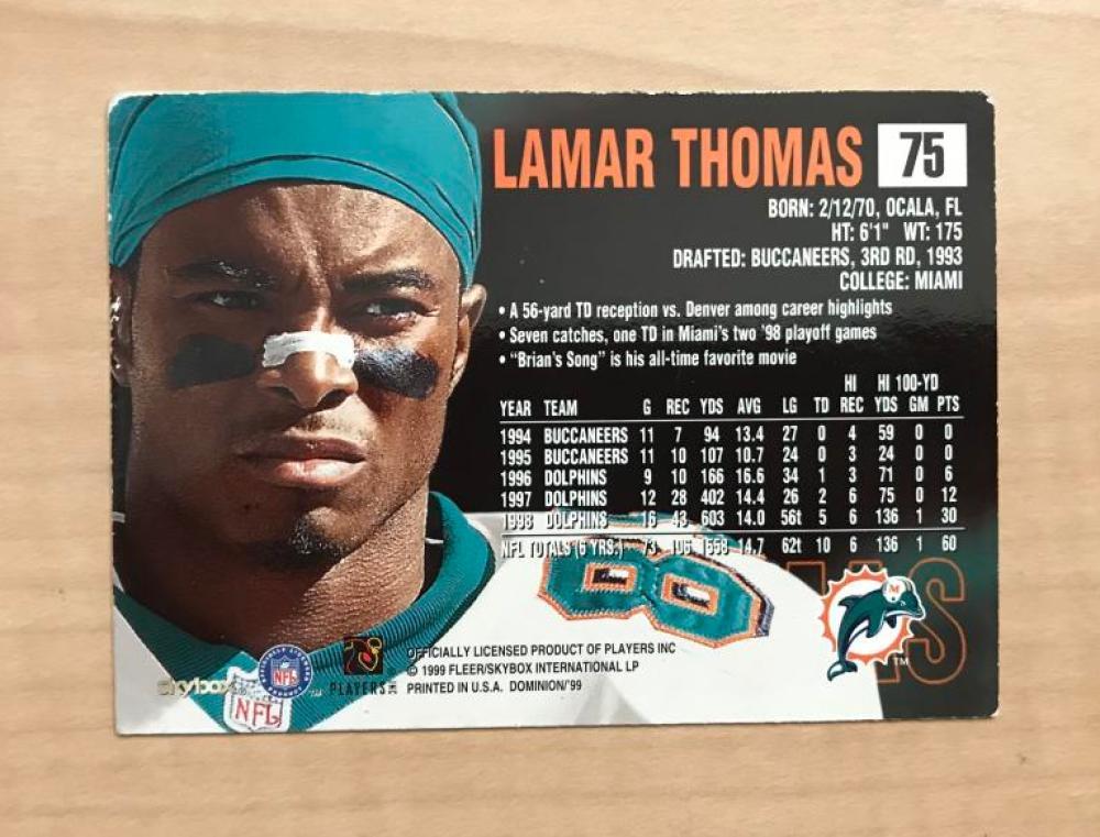 LAMAR THOMAS MIAMI DOLPHINS SIGNED AUTOGRAPHED 1999 SKYBOX CARD #75 W/COA 