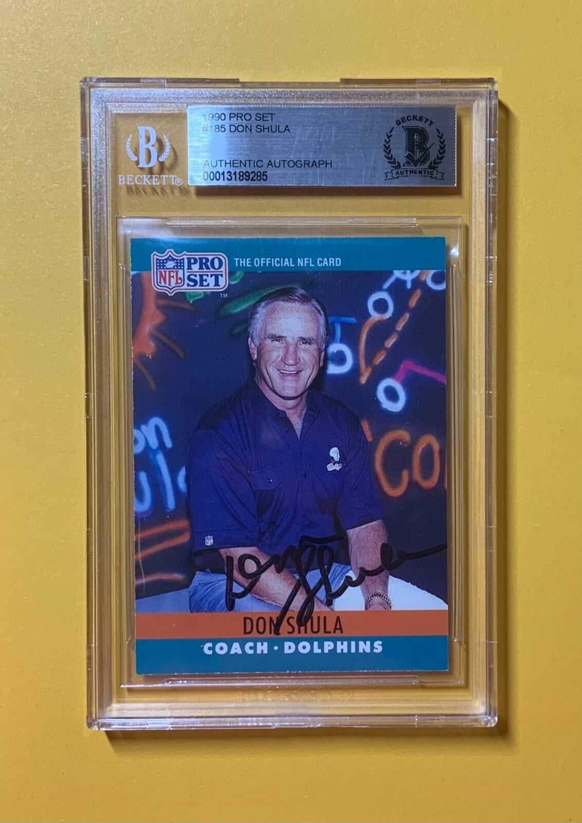1990 PRO SET DON SHULA #185 AUTHENTIC AUTO BECKETT CERTIFIED HOF DOLPHINS