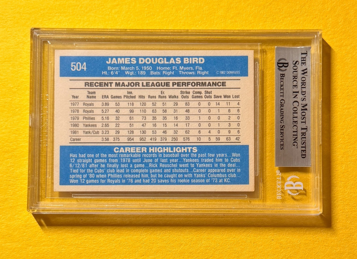 1982 DONRUSS DOUG BIRD #504 SIGNED AUTO CARD BECKETT AUTHENTIC CUBS