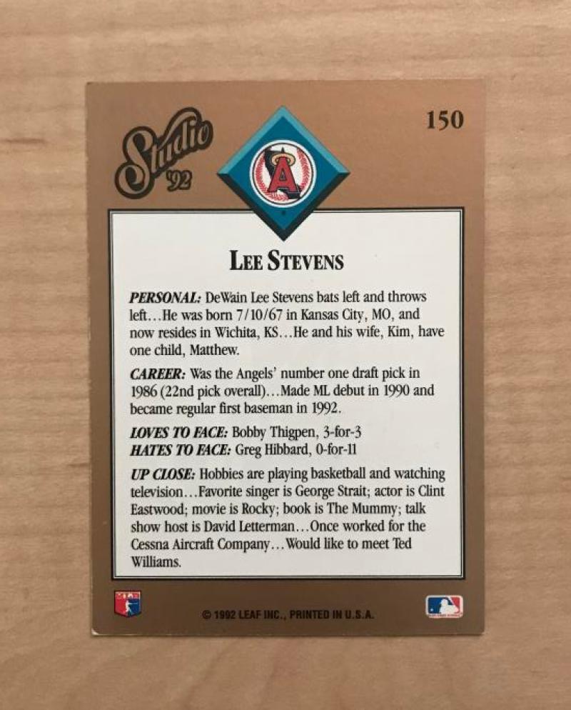 LEE STEVENS CALIFORNIA ANGELS SIGNED AUTOGRAPHED 1992 LEAF STUDIO CARD#150 W/COA
