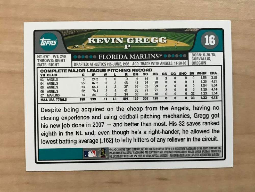 KEVIN GREG FLORIDA MARLINS SIGNED AUTOGRAPHED 2008 TOPPS CARD #16 W/COA
