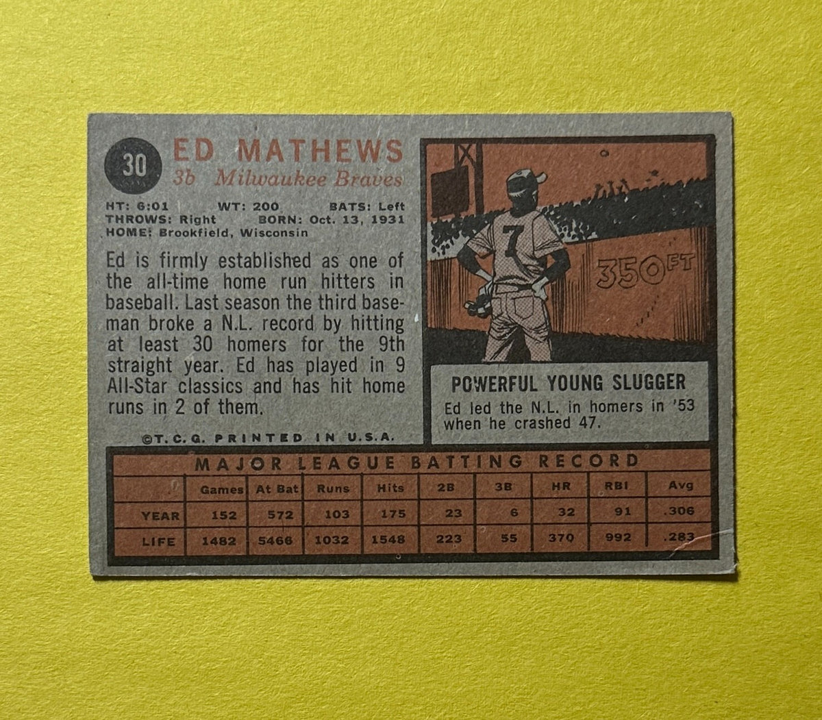 1962 TOPPS ED MATTHEWS #30 BRAVES HOF