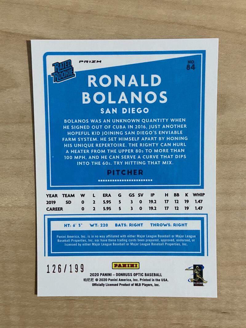 2020 DONRUSS OPTIC RONALD BOLANOS PINK PRIZM PADRES RATED ROOKIE 126/199