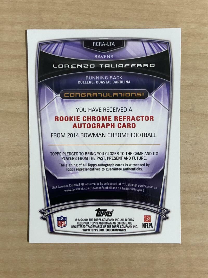 LORENZO TALIAFERRO BALTIMORE RAVENS SIGNED 2014 BOWMAN 19/99 CARD #RCRA-LTA 
