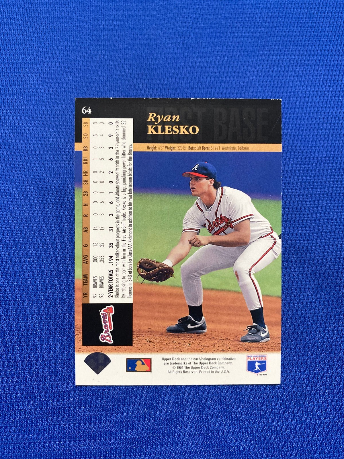 1994 UPPER DECK RYAN KLESKO ATLANTA BRAVES SIGNED AUTOGRAPHED #64 CARD W/COA *