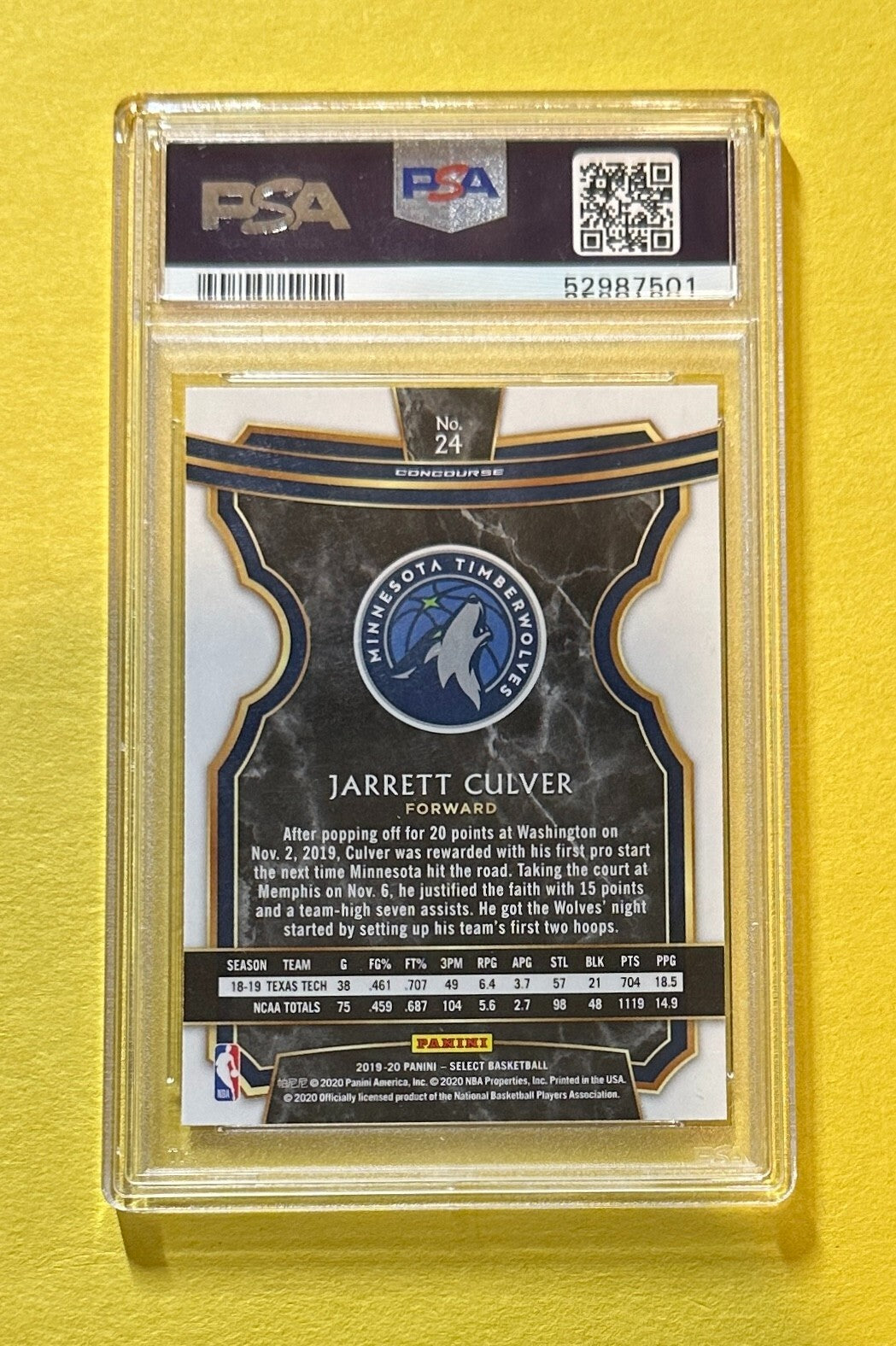 2019 PANINI SELECT JARRETT CULVER CONCOURSE ROOKIE CARD #24 PSA GEM MT 10