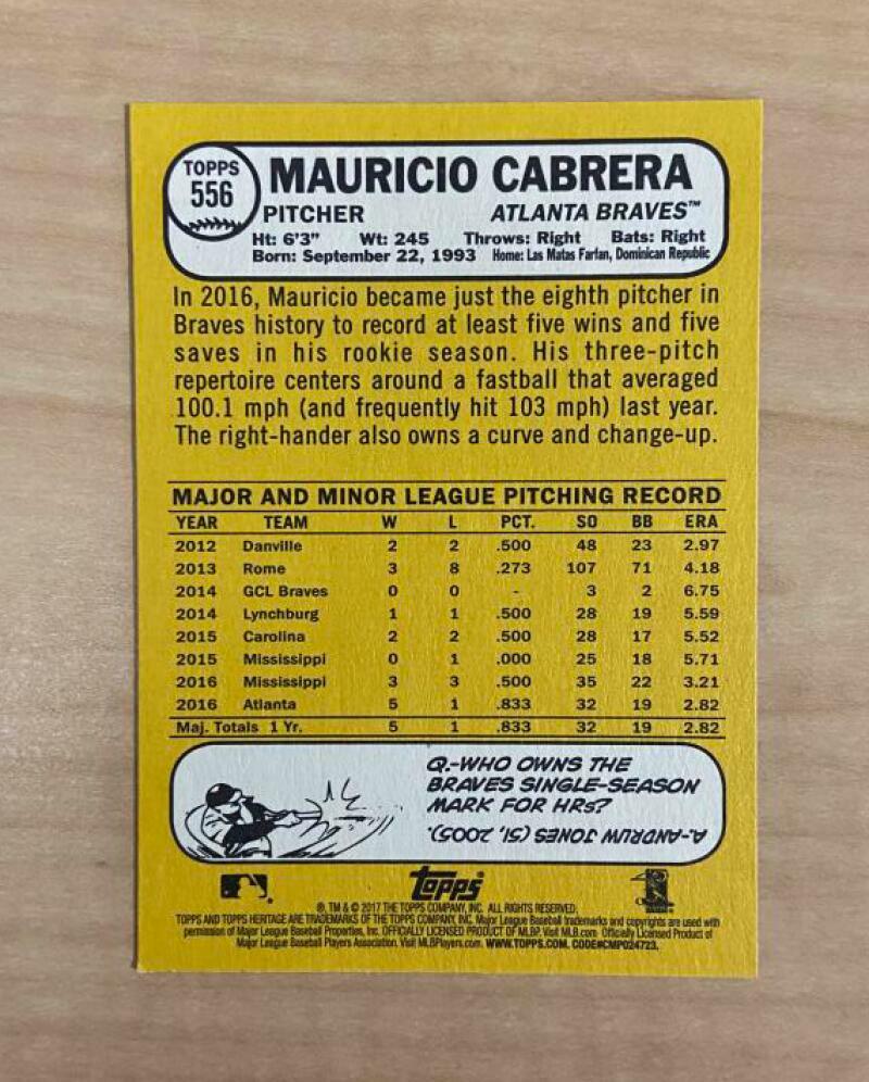MAURICIO CABRERA ATLANTA BRAVES SIGNED AUTOGRAPHED 2017 TOPPS CARD #556 W/COA 