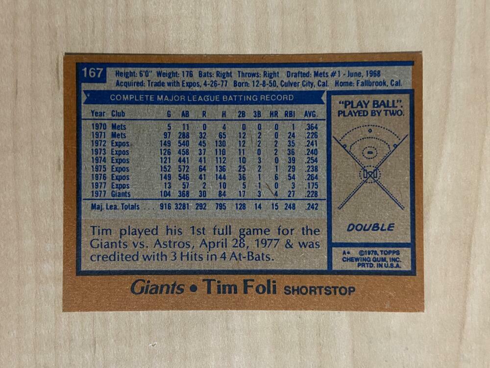TIM FOLI SAN FRANCISCO GIANTS SIGNED AUTOGRAPHED 1978 TOPPS CARD #167 W/COA