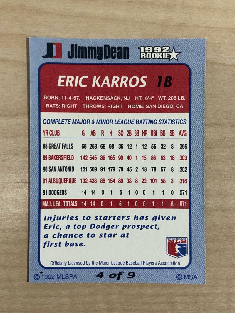ERIC KARROS LOS ANGELES DODGERS SIGNED AUTOGRAPHED 1992 JIMMY DEAN CARD #4 W/COA