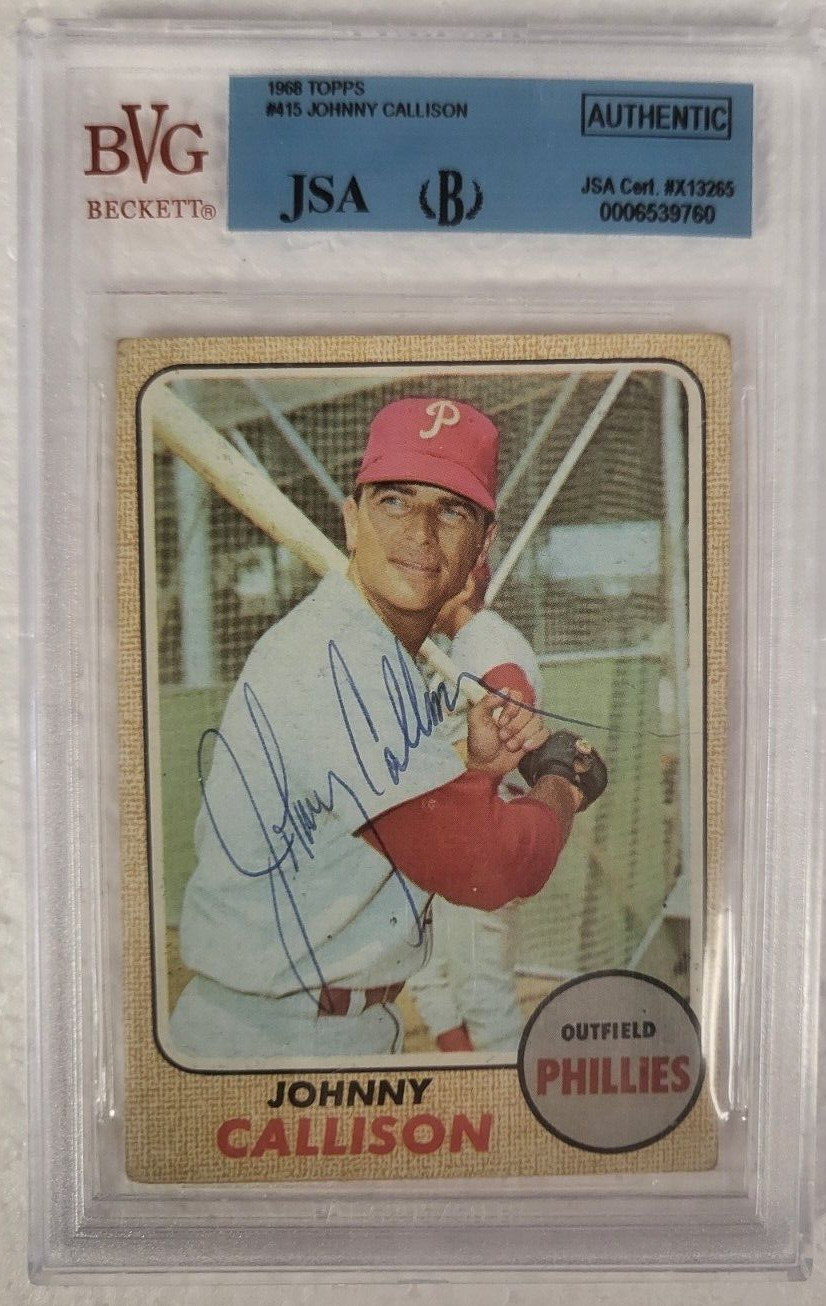 1968 TOPPS JOHNNY CALLISON PHILLIES SIGNED AUTOGRAPHED #415 CARD BECKETT JSA