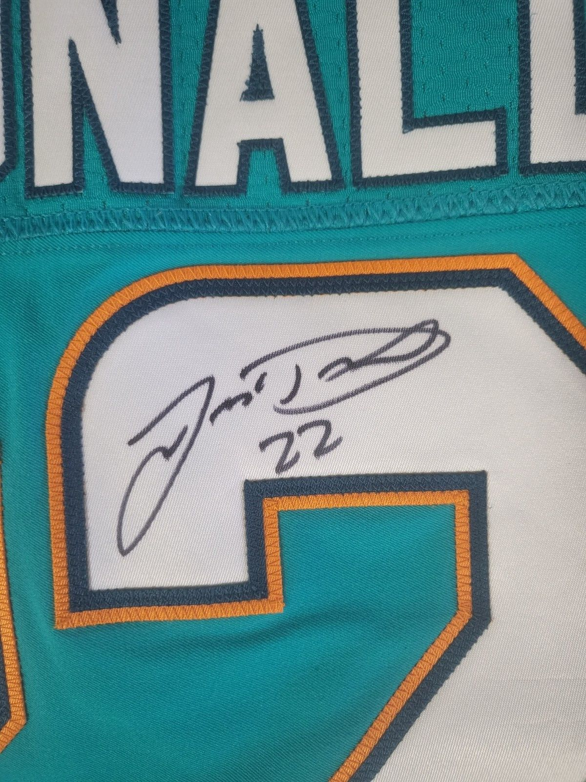 T.J. MCDONALD #22 MIA DOLPHINS SIGNED AUTO TEAM ISSUED 2014 ON FIELD JERSEY JSA