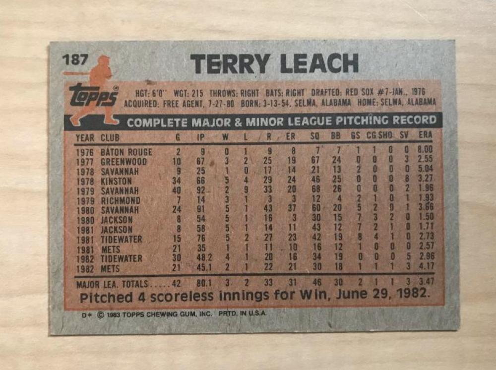 TERRY LEACH NEW YORK METS SIGNED AUTOGRAPHED 1983 TOPPS CARD #187 W/COA