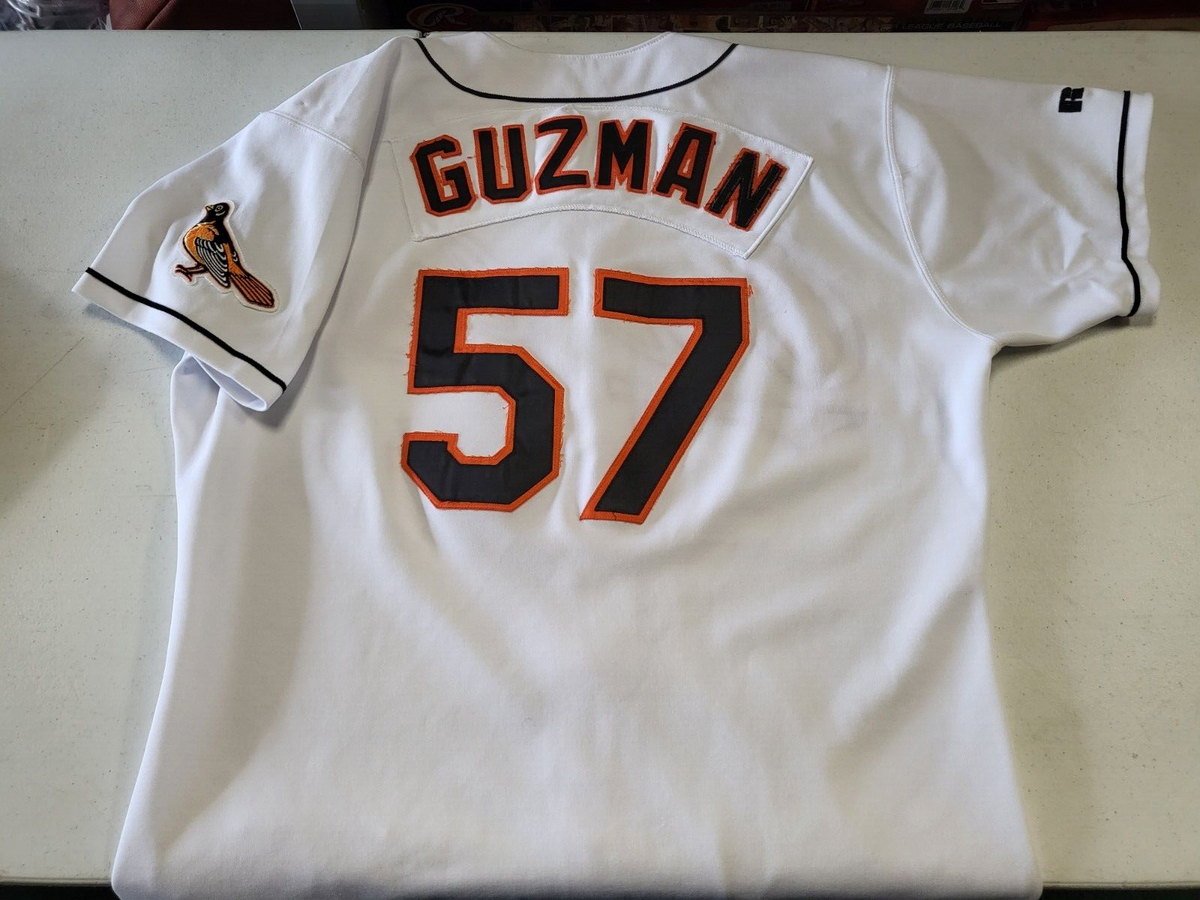 JUAN GUZMAN BALTIMORE ORIOLES #57 GAME USED WHITE RUSSELL JERSEY AUTHENTIC