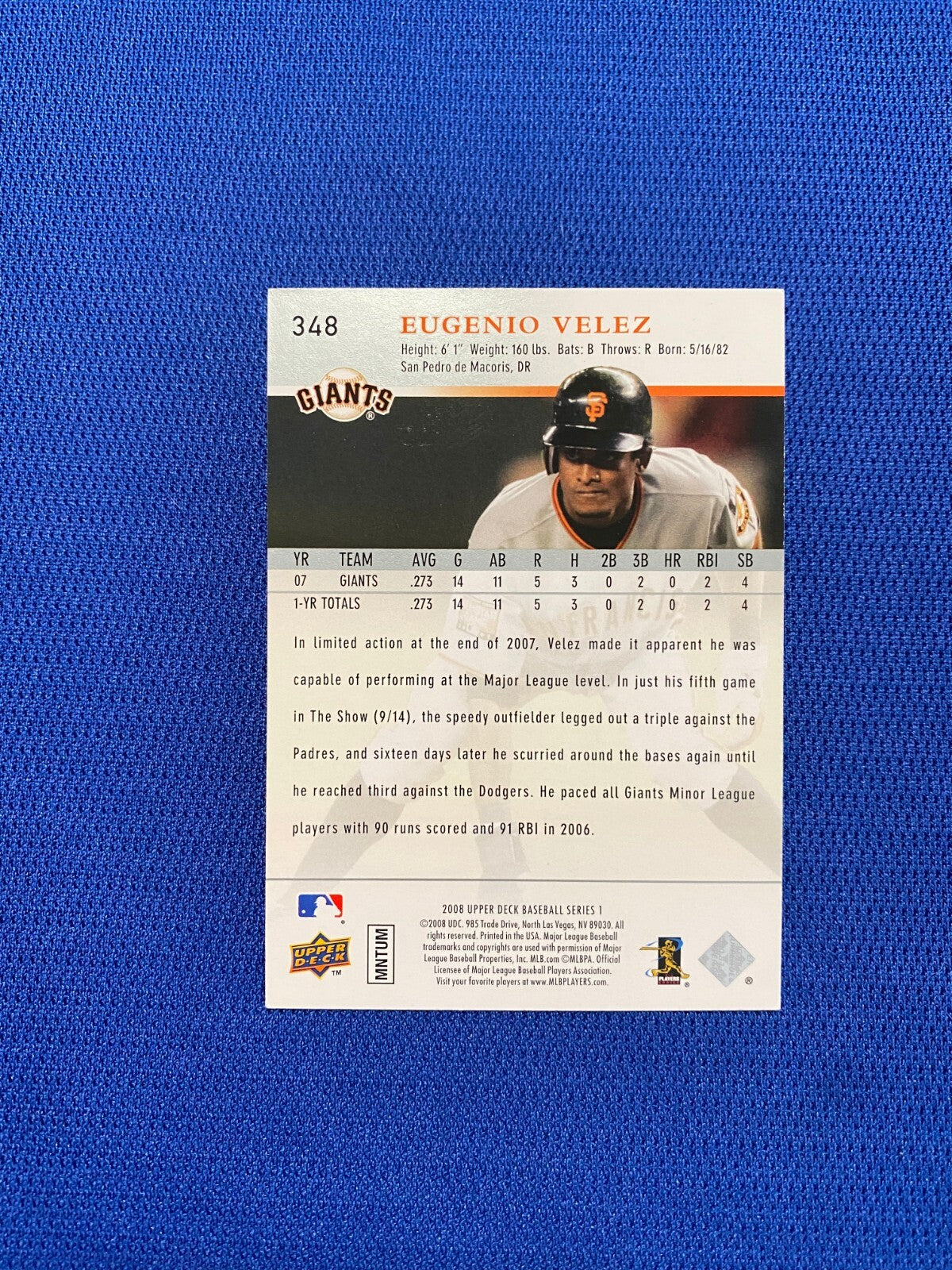 2008 UPPER DECK EUGENIO VELEZ SF GIANTS SIGNED AUTOGRAPHED AUTO CARD #348 W/COA
