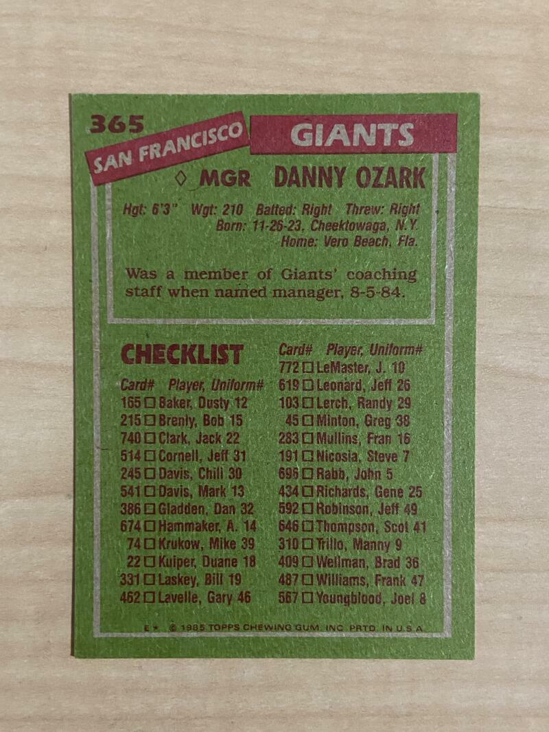 DANNY OZARK SAN FRANCISCO GIANTS SIGNED AUTOGRAPHED 1985 TOPPS CARD #365 W/COA