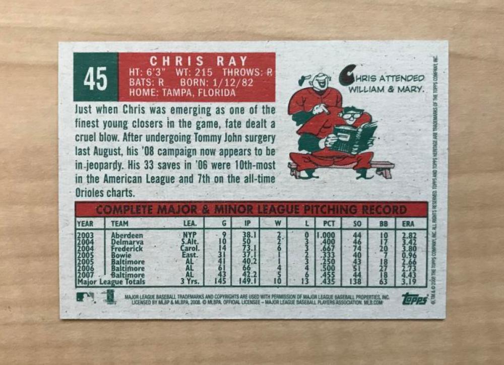 CHRIS RAY BALTIMORE ORIOLES SIGNED AUTOGRAPHED 2008 TOPPS HERITAGE CARD#45 W/COA