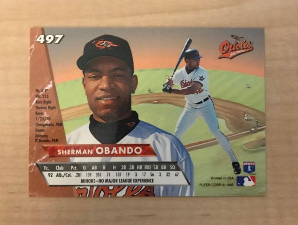 SHERMAN OBANDO BALTIMORE ORIOLES SIGNED AUTOGRAPHED 1993 FLEER CARD #497 W/COA 