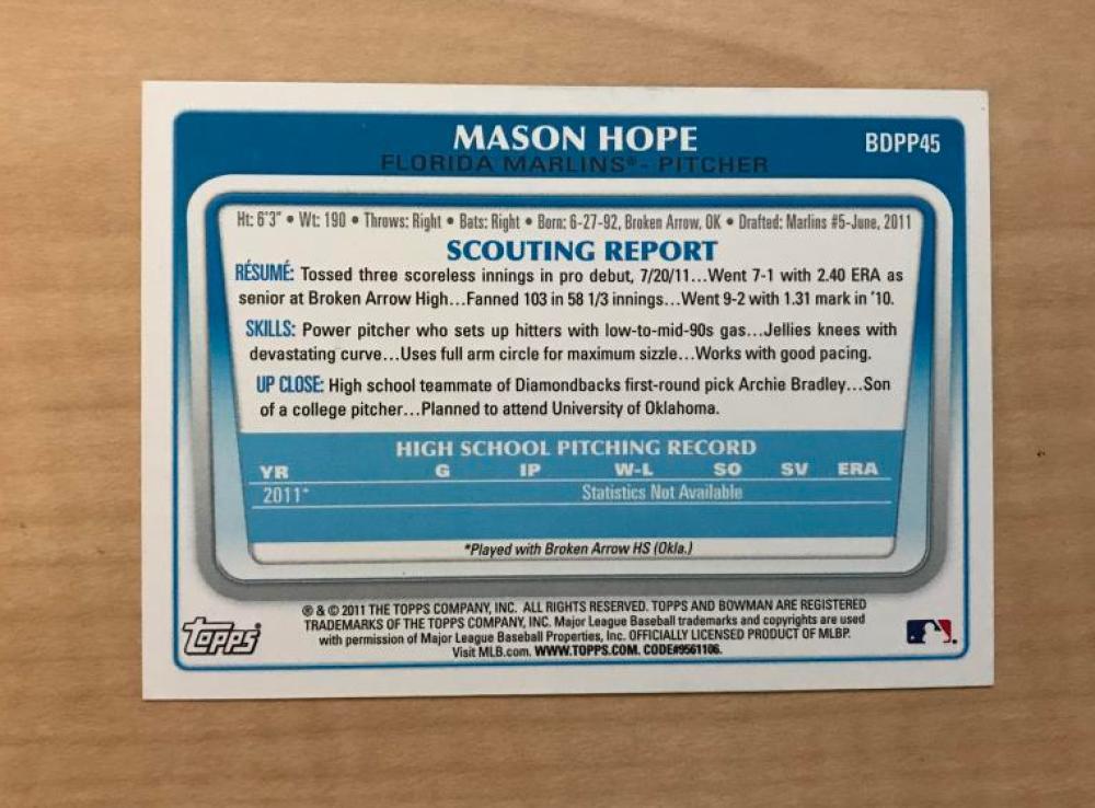 MASON HOPE FLORIDA MARLINS SIGNED AUTOGRAPHED 2012 BOWMAN CARD #BDPP45 W/COA