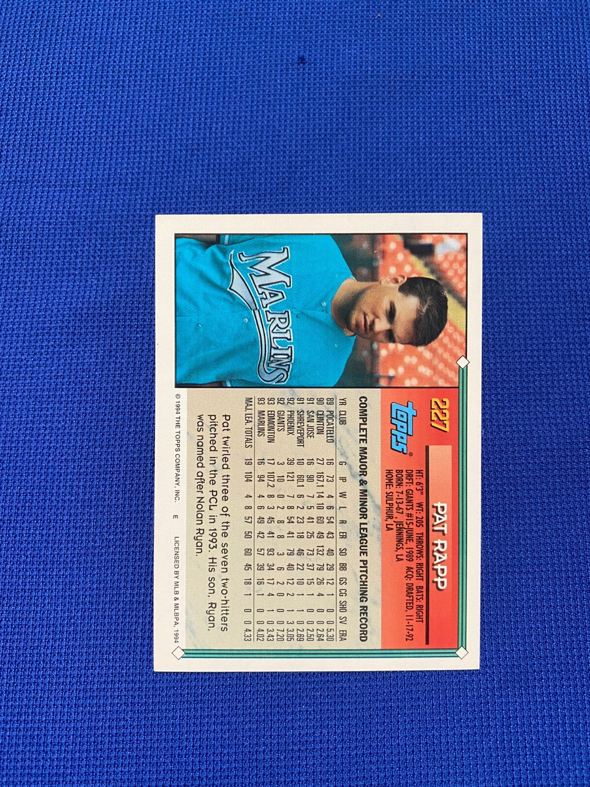 1994 TOPPS PAT RAPP FLORIDA MARLINS SIGNED AUTOGRAPHED AUTO #227 CARD W/COA
