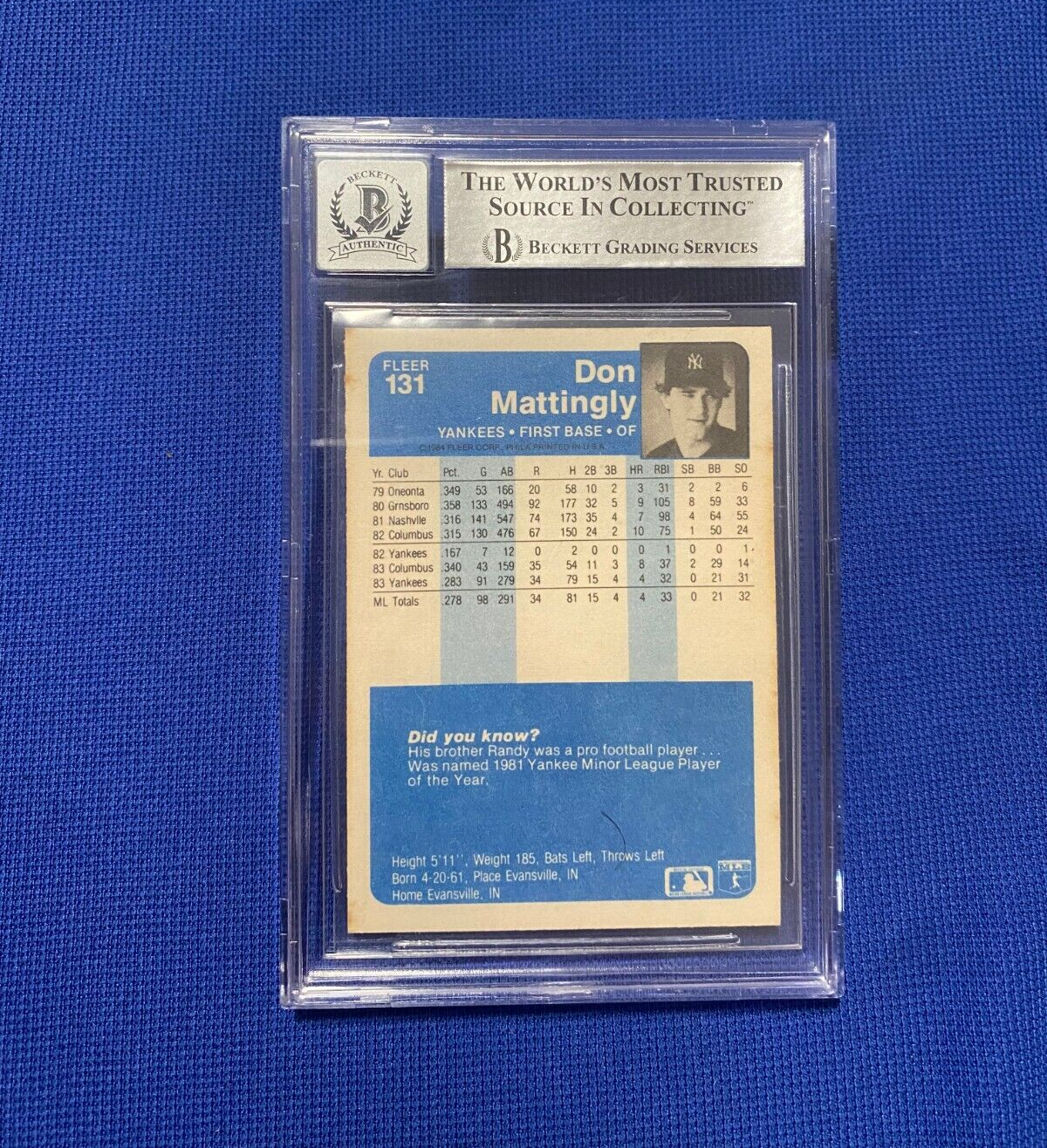 1984 FLEER DON MATTINGLY NY YANKEES RC ROOKIE AUTO SIGNED #131 BECKETT 10 AUTO