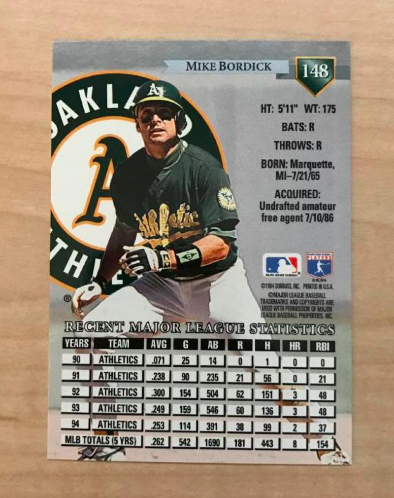 MIKE BORDICK OAKLAND ATHLETICS SIGNED AUTOGRAPHED 1995 DONRUSS CARD #148 W/COA 