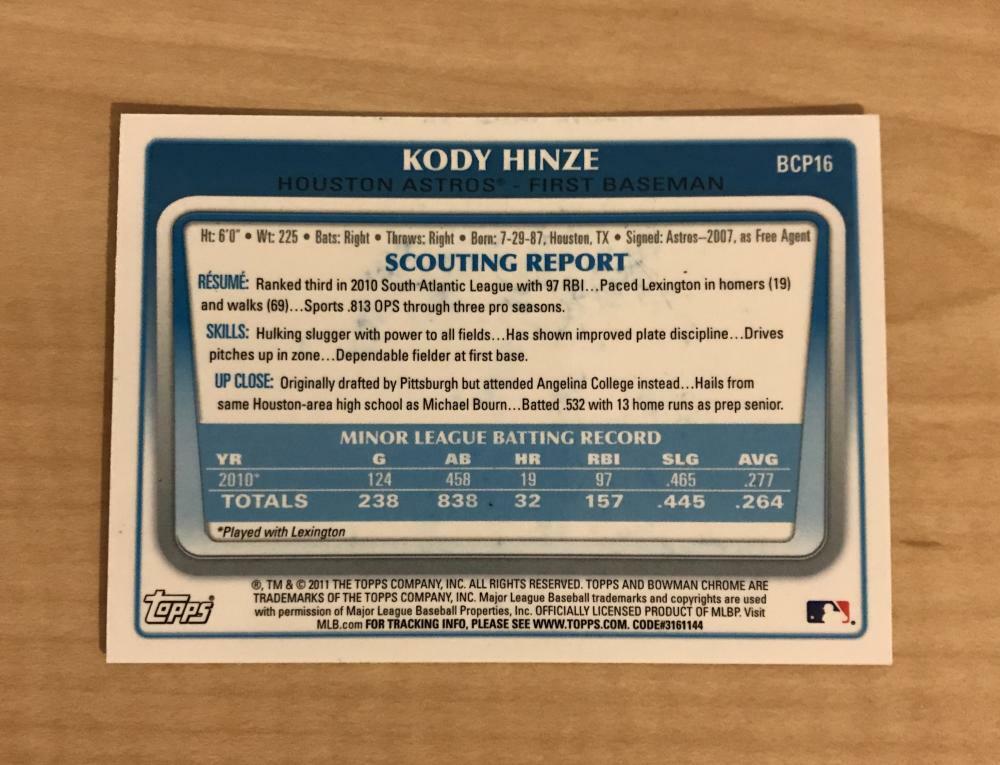 KODY HINZE HOUSTON ASTROS SIGNED AUTOGRAPHED 2011 BOWMAN CHROME CARD#BCP16 W/COA