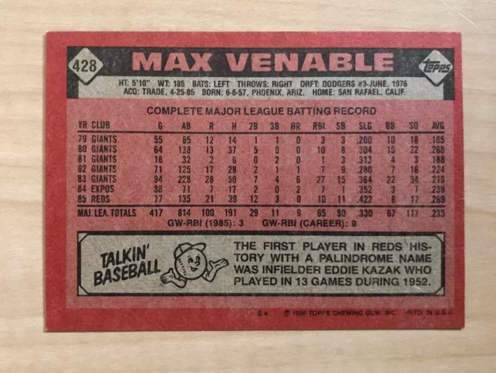 MAX VENABLE CINCINNATI REDS SIGNED AUTOGRAPHED 1986 TOPPS CARD #428 W/COA
