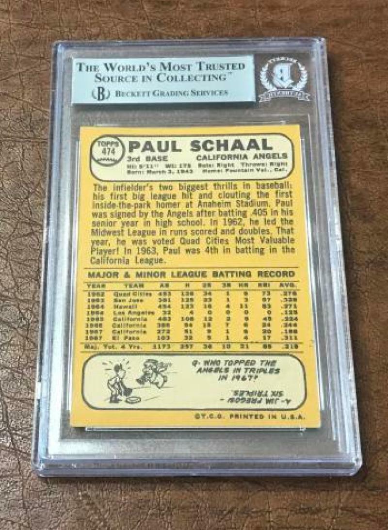 1968 TOPPS PAUL SCHAAL ANGELS DECEASED SIGNED CARD BECKETT AUTHENTIC